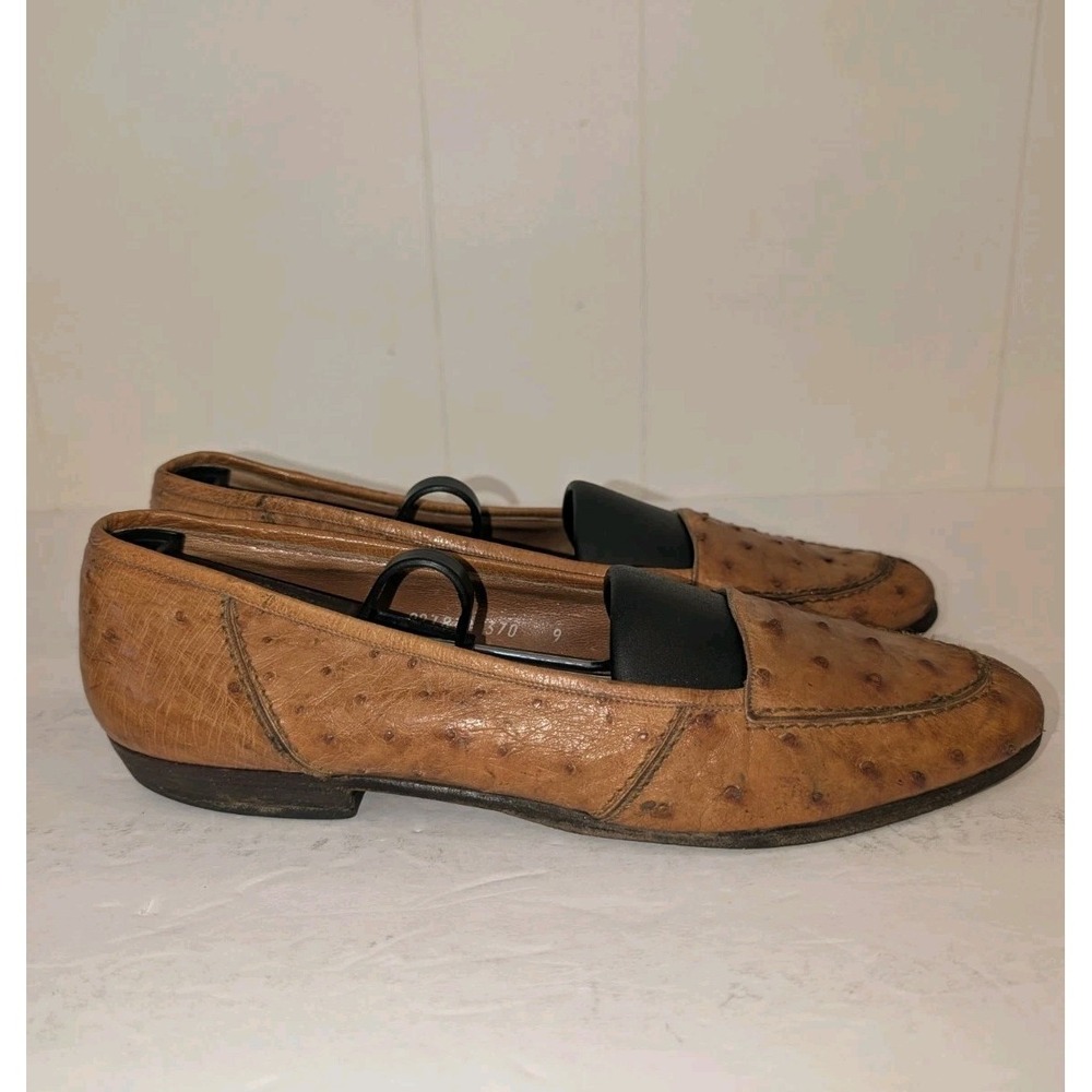 VTG Attilio Curione Saks Fifth Avenue Ostrich Leather Loafers Cognac Italy 9 B